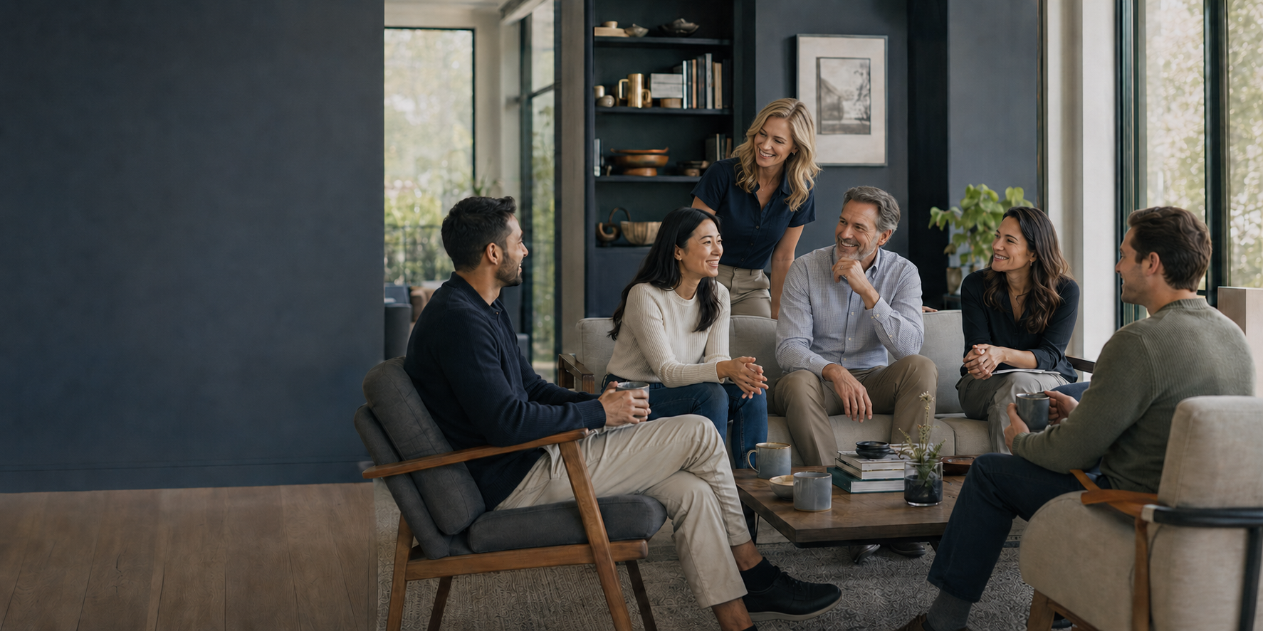 A diverse group of adults gathered in a warmly lit living room for thoughtful conversation.